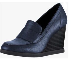 YDN Navy Dressy Pump Square Closed Toe Slip On Loafers Wedges High Heeled Shoes